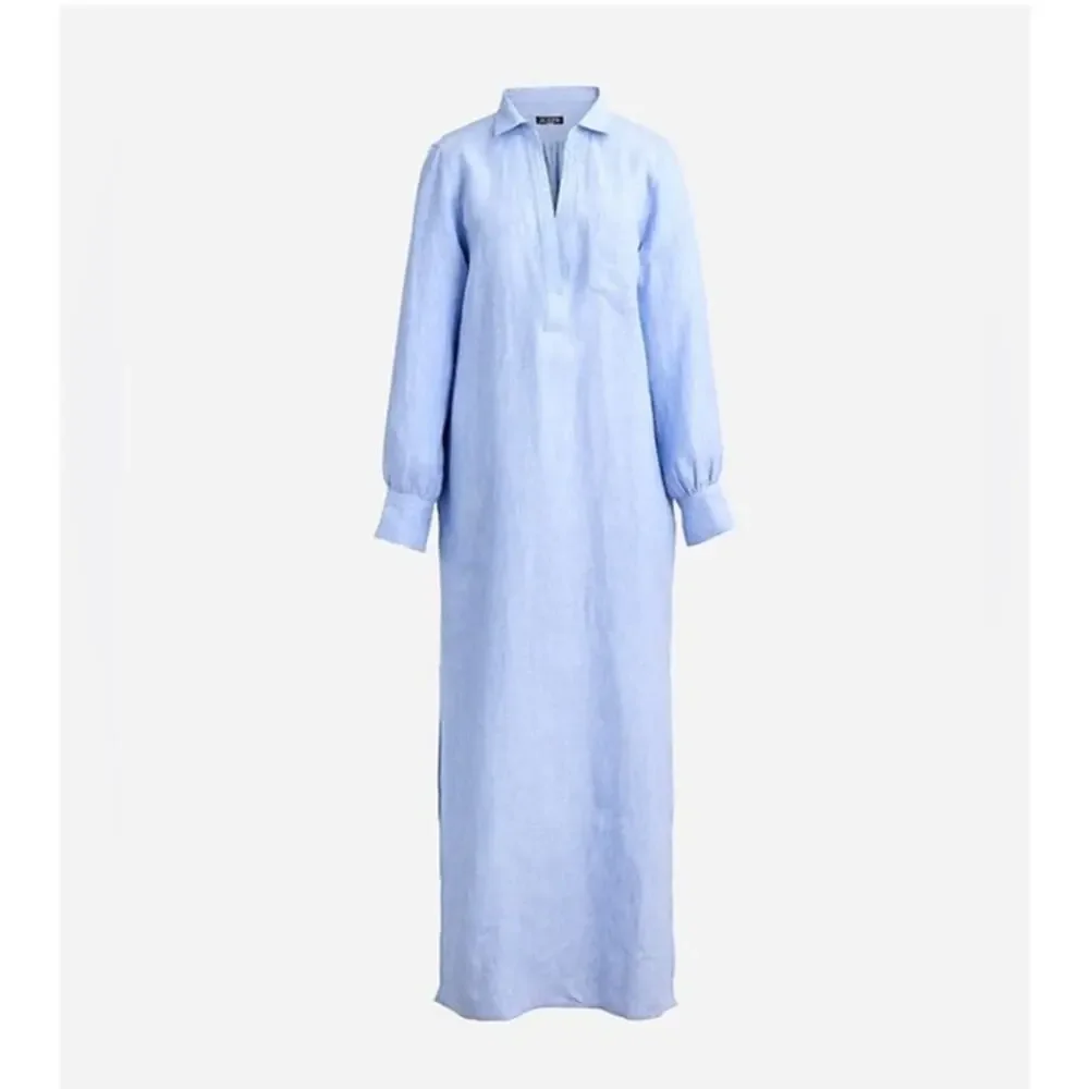 J Crew Bungalow Maxi Popover Dress XS in Linen Blue Quiet Luxury Coastal Beach